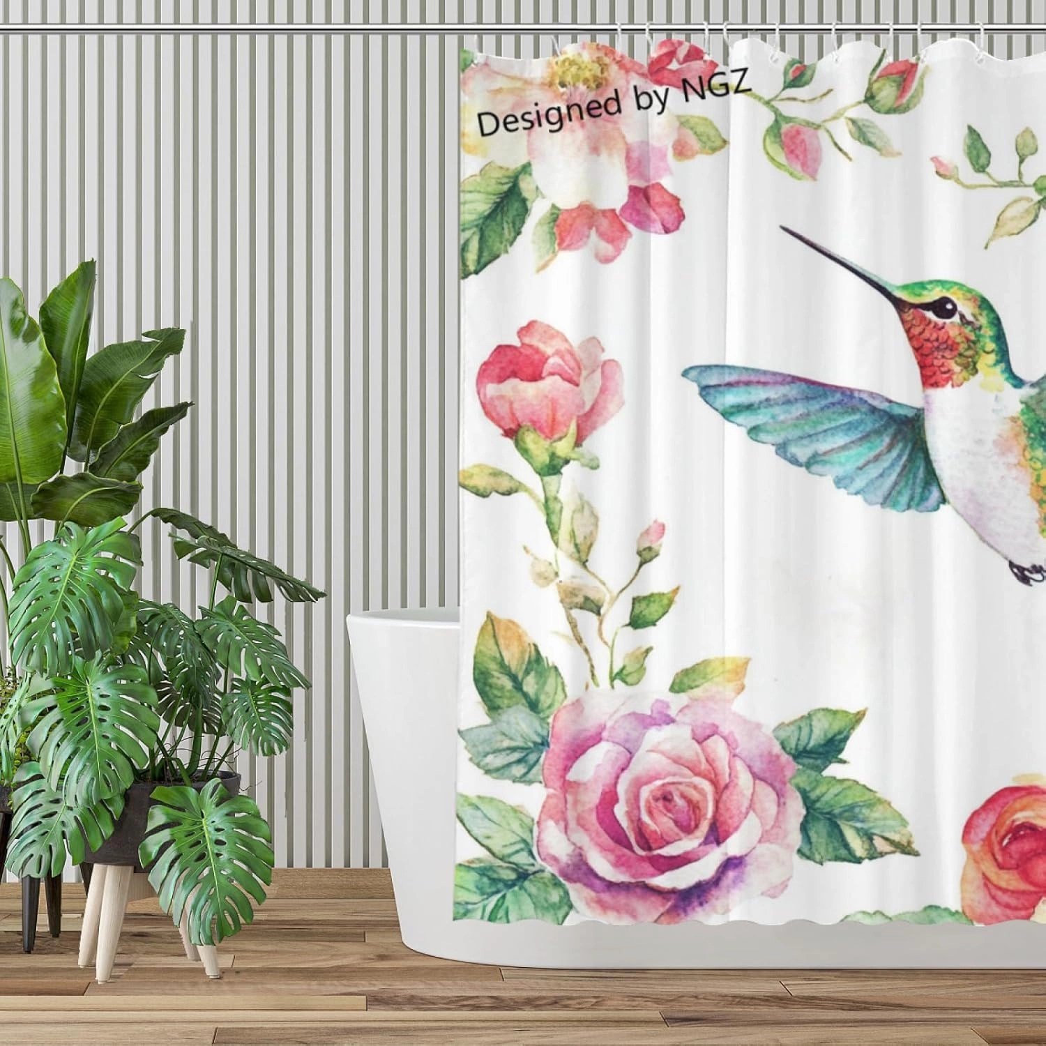 Shower Curtain Flower Hummingbird Shower Curtain for Bathroom with 12 Hooks, Polyester Fabric 72x72 Inch Shower Curtain Set Machine Washable Bathroom Curtain