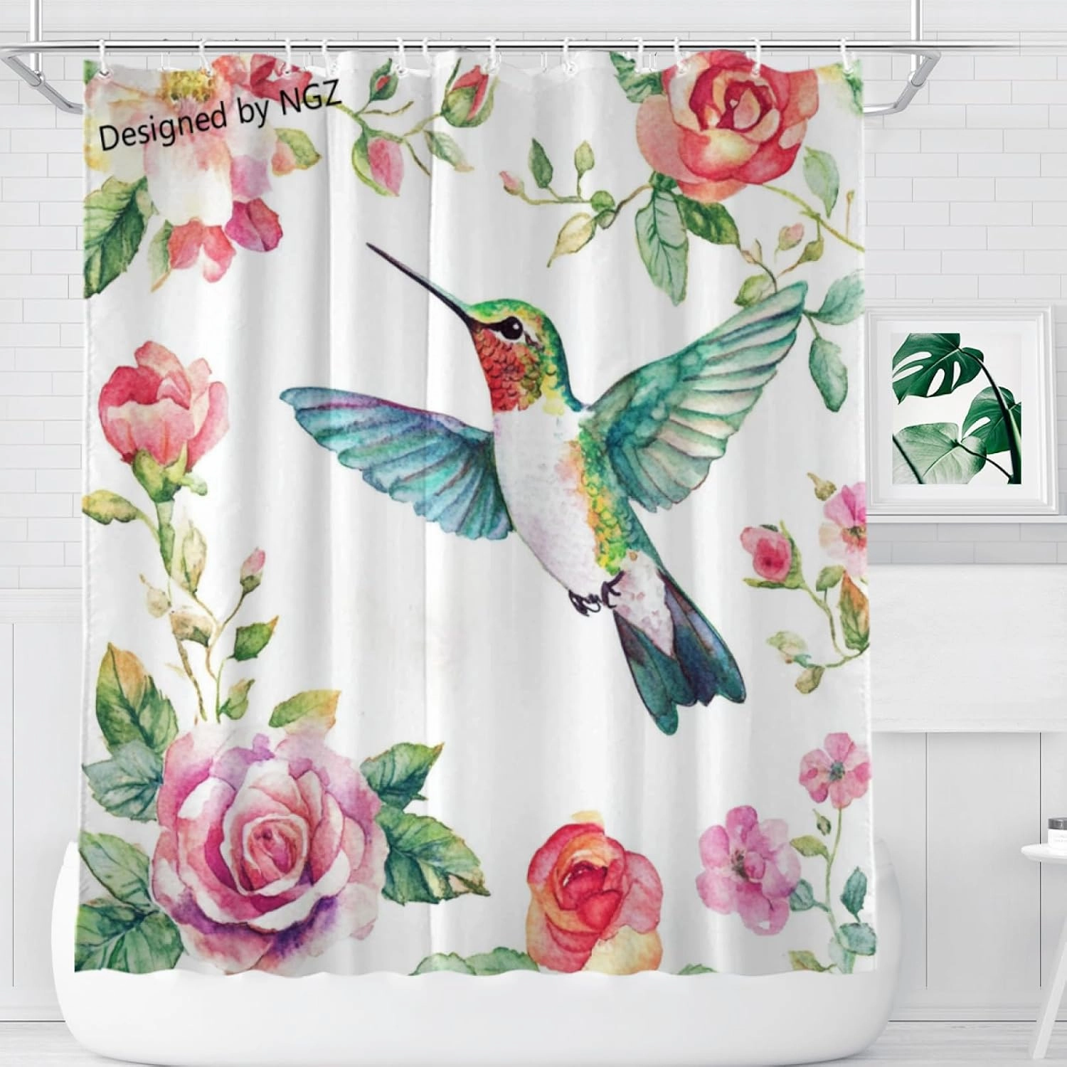 Shower Curtain Flower Hummingbird Shower Curtain for Bathroom with 12 Hooks, Polyester Fabric 72x72 Inch Shower Curtain Set Machine Washable Bathroom Curtain
