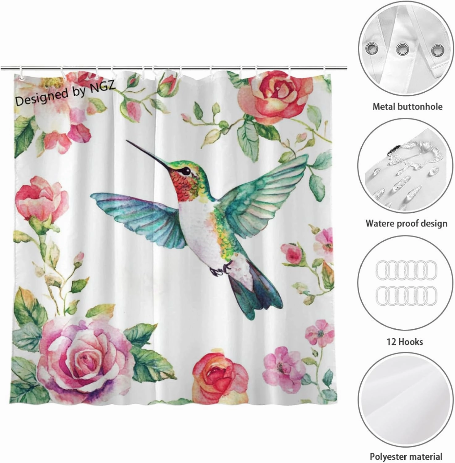 Shower Curtain Flower Hummingbird Shower Curtain for Bathroom with 12 Hooks, Polyester Fabric 72x72 Inch Shower Curtain Set Machine Washable Bathroom Curtain