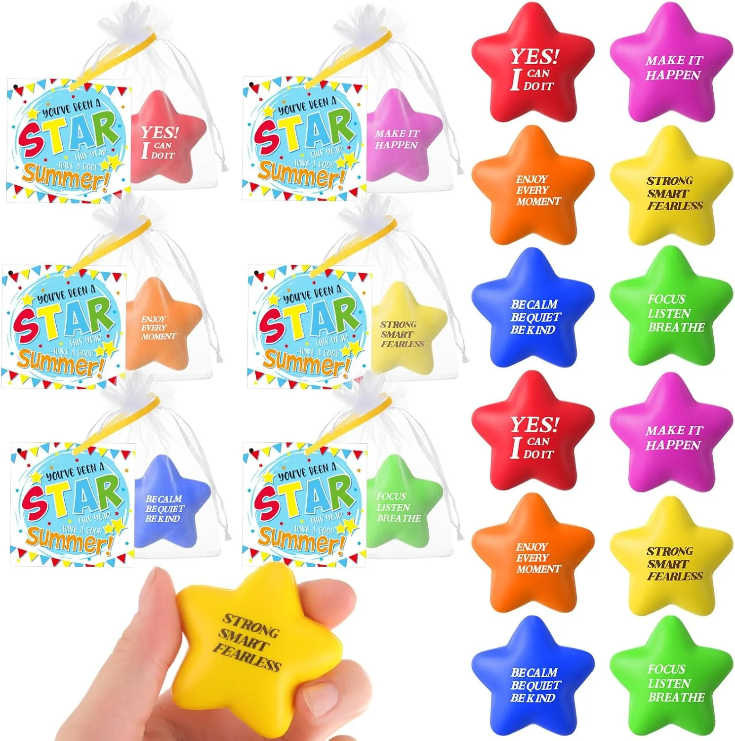 Silkfly 24 Sets Star Stress Balls End of Year Gift for Students Bulk Mini Star Stress Relief Foam Balls with Motivational Cards End of Year Teacher Summer Graduation Gift Bag for Party Favors