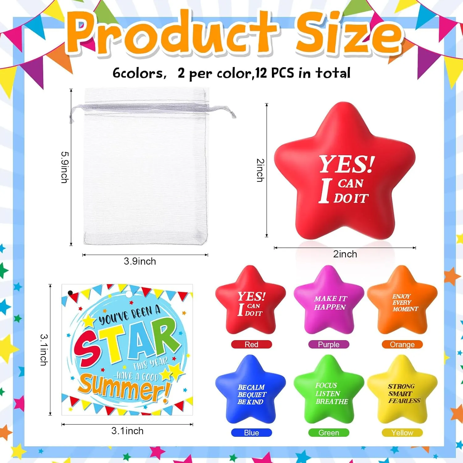 Silkfly 24 Sets Star Stress Balls End of Year Gift for Students Bulk Mini Star Stress Relief Foam Balls with Motivational Cards End of Year Teacher Summer Graduation Gift Bag for Party Favors