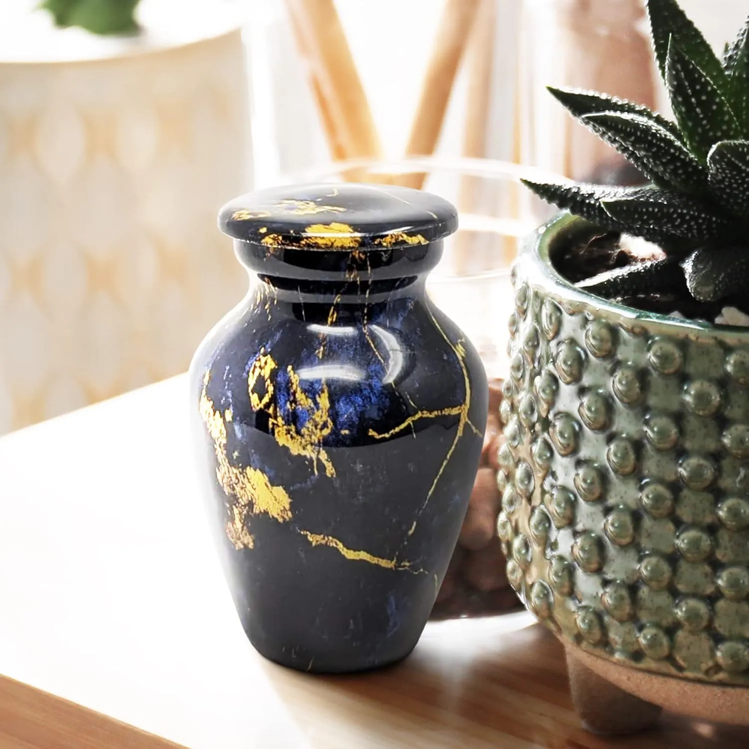 Small Keepsake Cremation Urn for Ashes | Handcrafted Metal Memorial Urns | Cobalt Blue Marble Finish | Mini Urn with Secure Threaded Lid & Protective Felt Base | Perfect for Travel Burial or Display