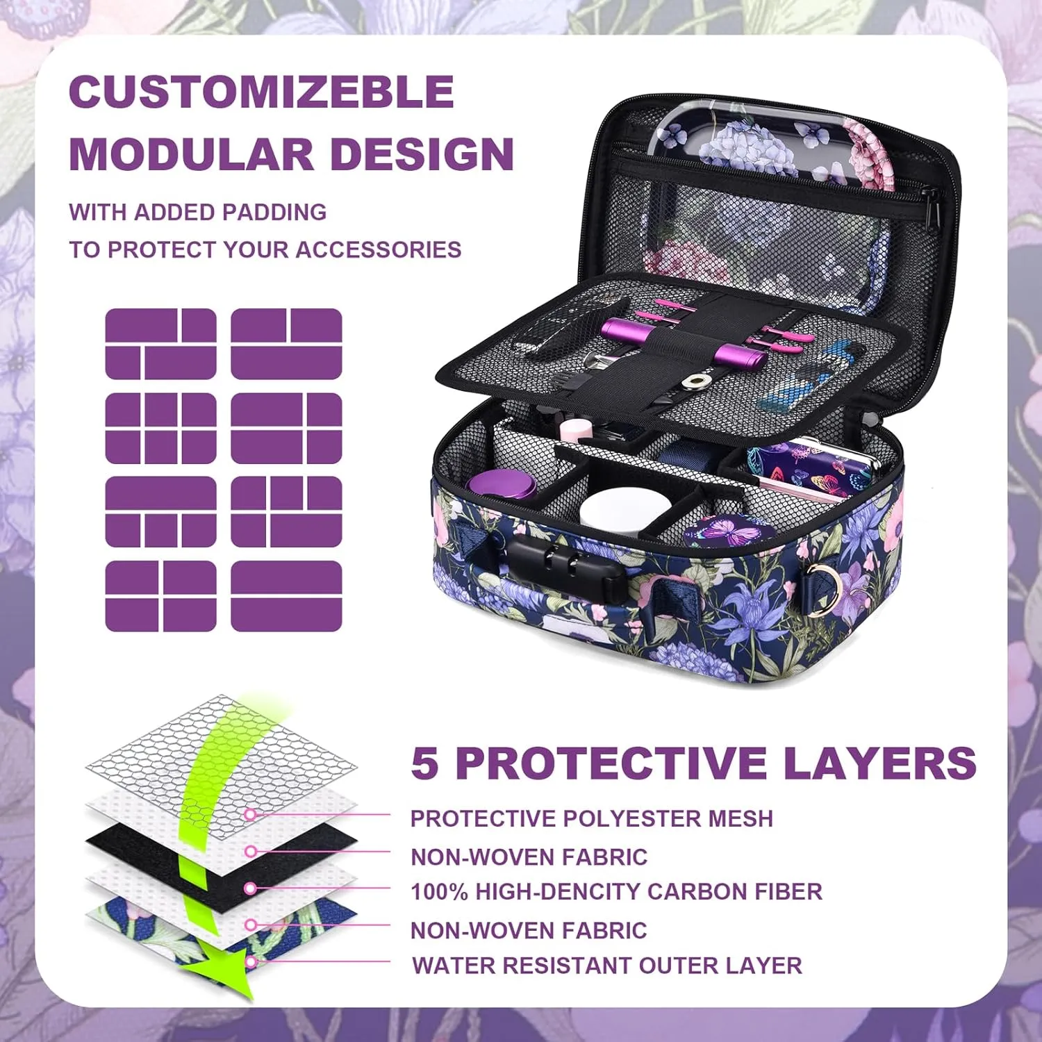 Smell Proof Bag With Combination Lock, Large Stash Box, Odor Proof Container, Portable Travel Storage Case, Activated Charcoal, Purple