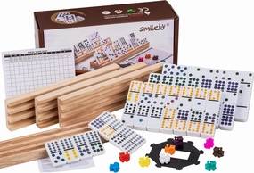 Smilejoy Mexican Train Dominoes Set with Colorful Dot- Double 12 Dominos Set for Adults-Classical Board Game for Elderly, 4 Wooden Rack,91 Tiles, 9 Plastic Trains, Octagon Hub (2-8 Player)