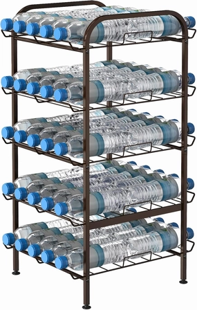 smusei 5 Tier Water Bottle Organizer Vertical Free Standing Storage Shelf Metal Beverage Rack Dispenser Large Capacity Bottled Water Holder Stand for Kitchen Party Pantry, Bronze