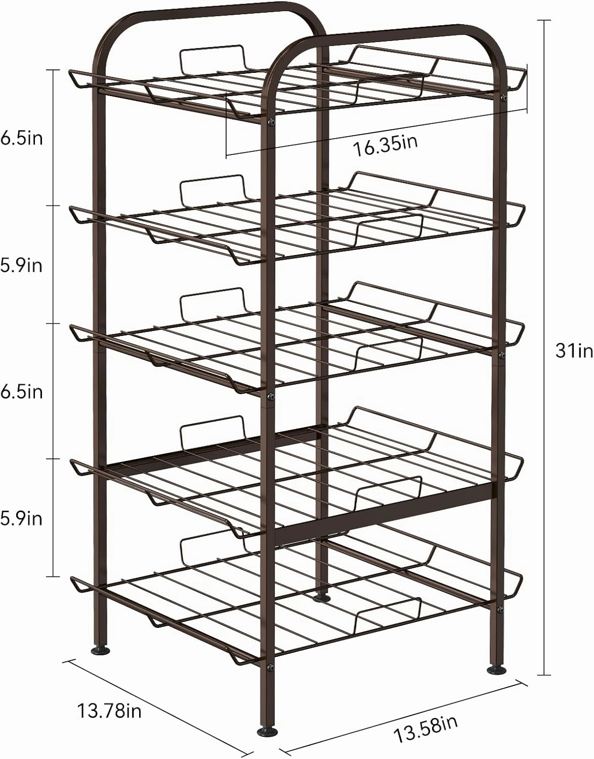 smusei 5 Tier Water Bottle Organizer Vertical Free Standing Storage Shelf Metal Beverage Rack Dispenser Large Capacity Bottled Water Holder Stand for Kitchen Party Pantry, Bronze
