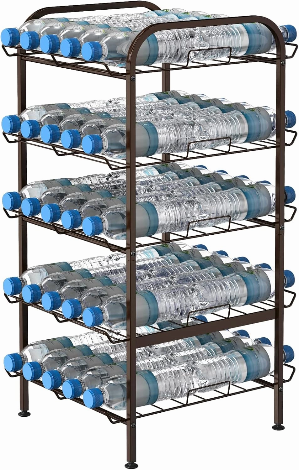 smusei 5 Tier Water Bottle Organizer Vertical Free Standing Storage Shelf Metal Beverage Rack Dispenser Large Capacity Bottled Water Holder Stand for Kitchen Party Pantry, Bronze
