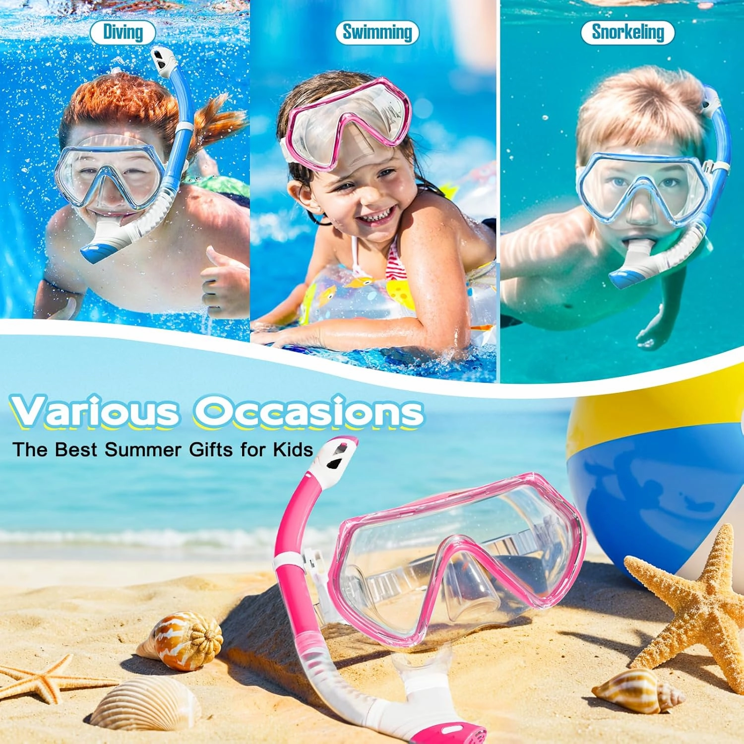 Snorkeling Gear for Kids, Kids Snorkel Set for Ages 3-14, Anti-Fog Diving Mask and Dry Top Snorkel Combo Set, Unisex Swimming Goggles