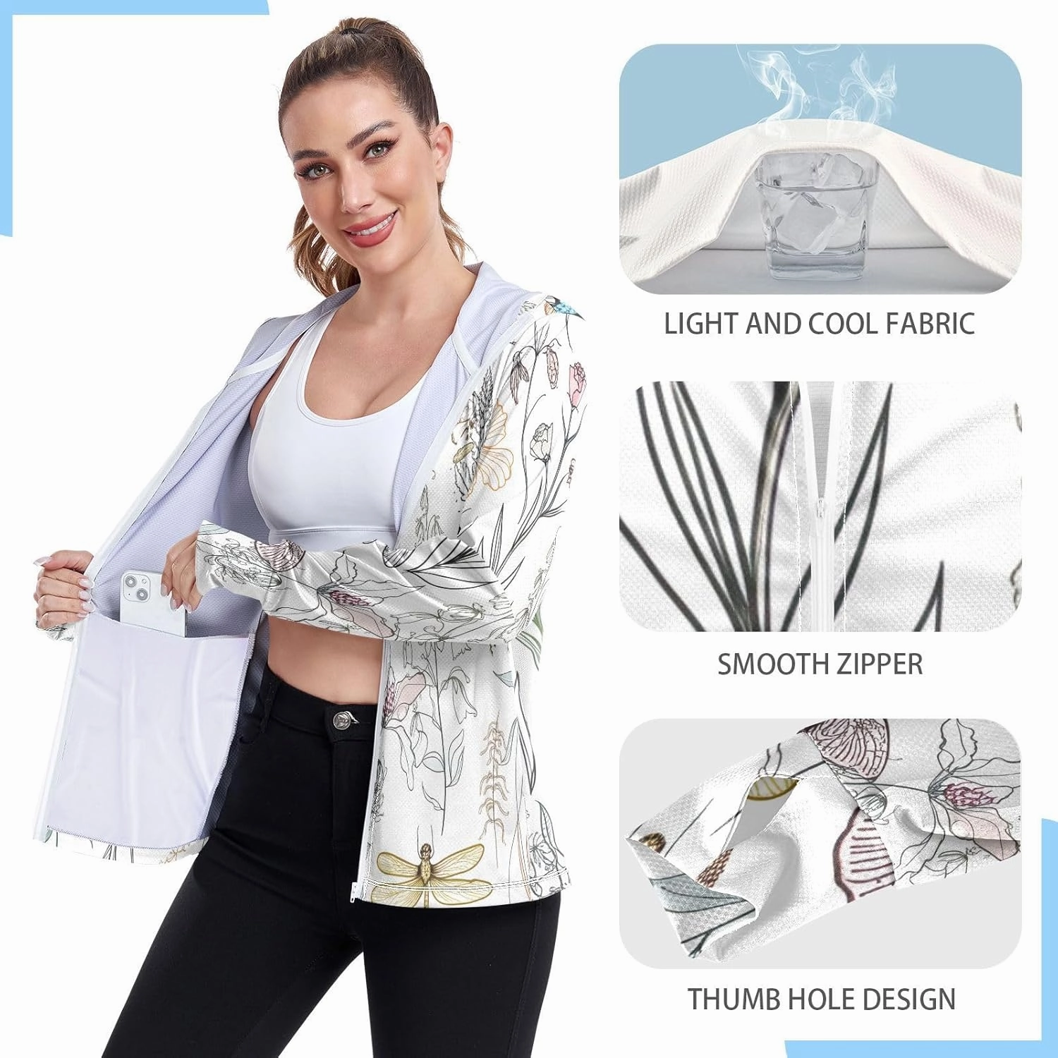 Soft Floral Insect White Uv Hoodie Upf 50 , Long Sleeve Zip up Fishing Shirt Women