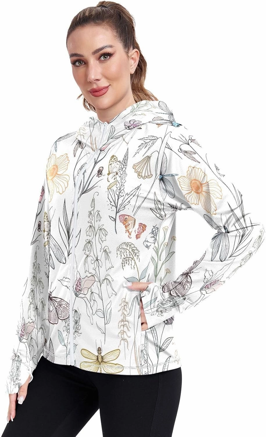 Soft Floral Insect White Uv Hoodie Upf 50 , Long Sleeve Zip up Fishing Shirt Women