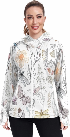 Soft Floral Insect White Uv Hoodie Upf 50 , Long Sleeve Zip up Fishing Shirt Women