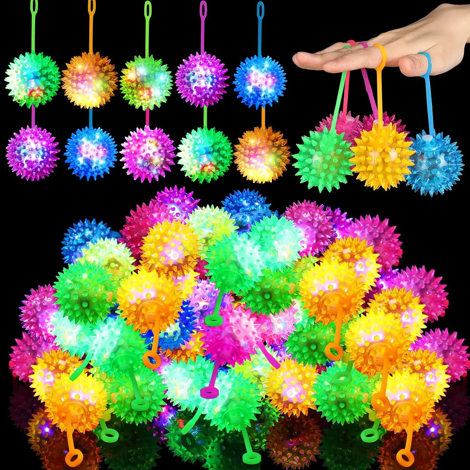 Sotiff 18 Pcs Light up Ball Spiky LED Bouncy Ball Flashing Squeaky Multicolor Puffer Toy Rubber Sensory Toy Carnival Prizes Bulk Party Favors for Teens, Adults, Children