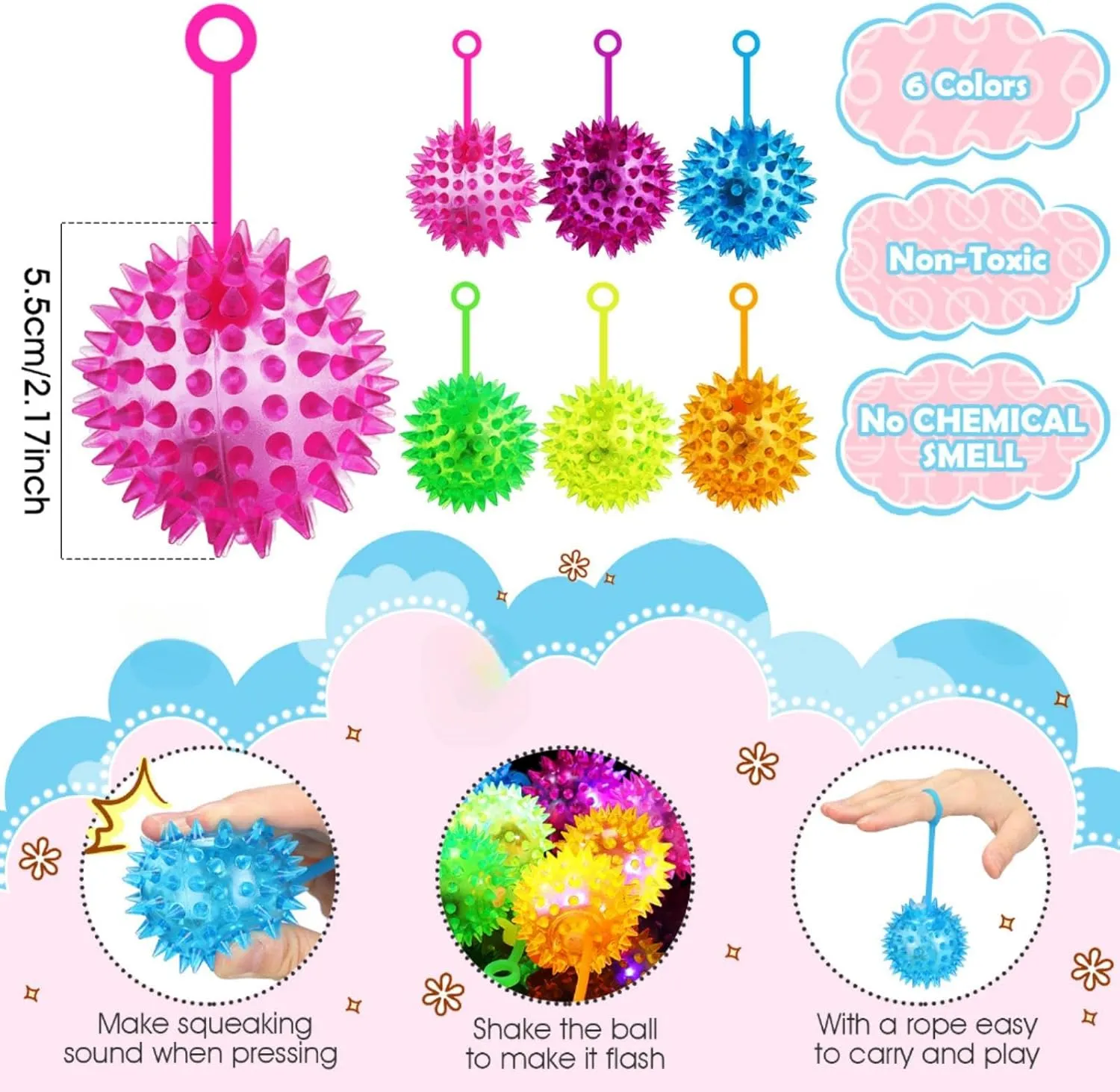 Sotiff 18 Pcs Light up Ball Spiky LED Bouncy Ball Flashing Squeaky Multicolor Puffer Toy Rubber Sensory Toy Carnival Prizes Bulk Party Favors for Teens, Adults, Children