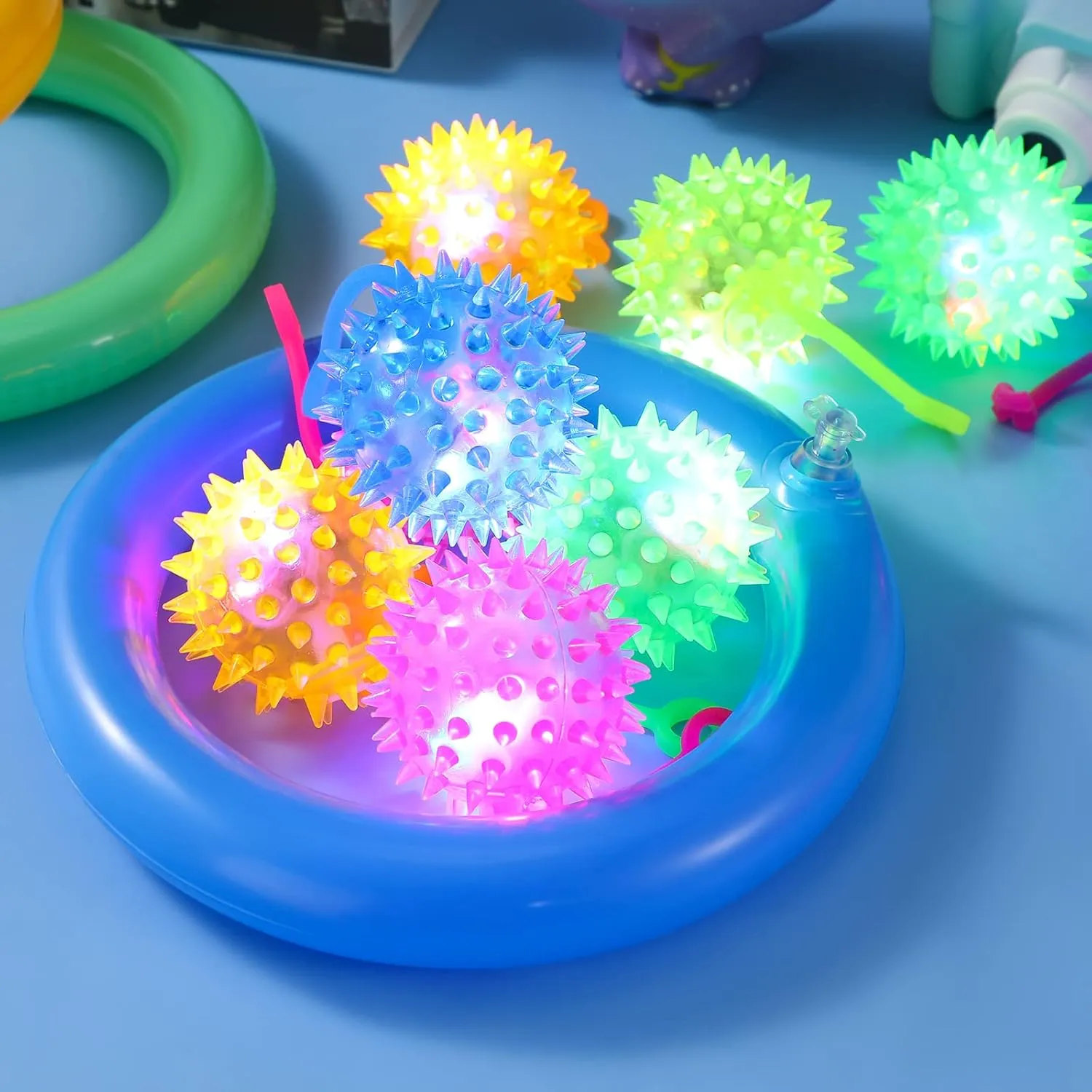 Sotiff 18 Pcs Light up Ball Spiky LED Bouncy Ball Flashing Squeaky Multicolor Puffer Toy Rubber Sensory Toy Carnival Prizes Bulk Party Favors for Teens, Adults, Children