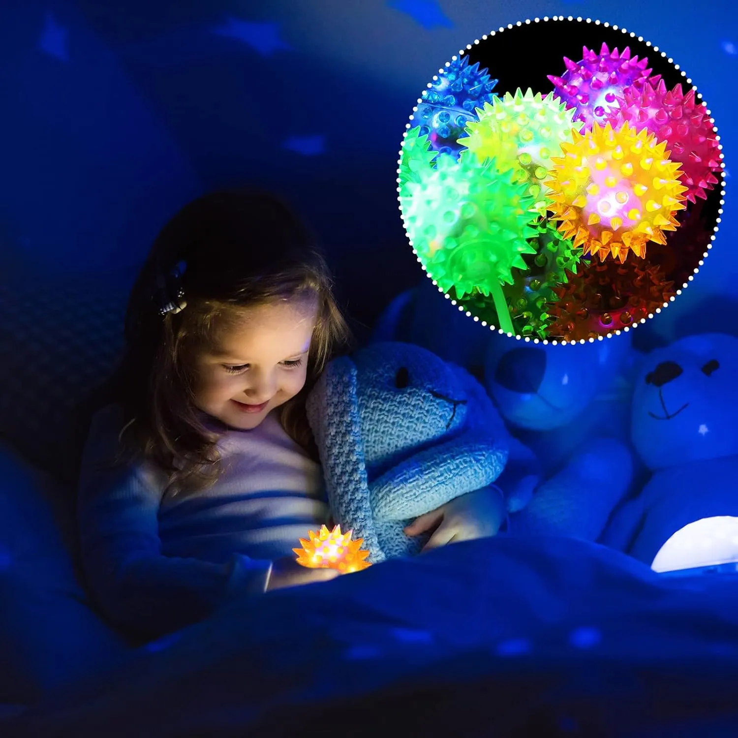 Sotiff 18 Pcs Light up Ball Spiky LED Bouncy Ball Flashing Squeaky Multicolor Puffer Toy Rubber Sensory Toy Carnival Prizes Bulk Party Favors for Teens, Adults, Children