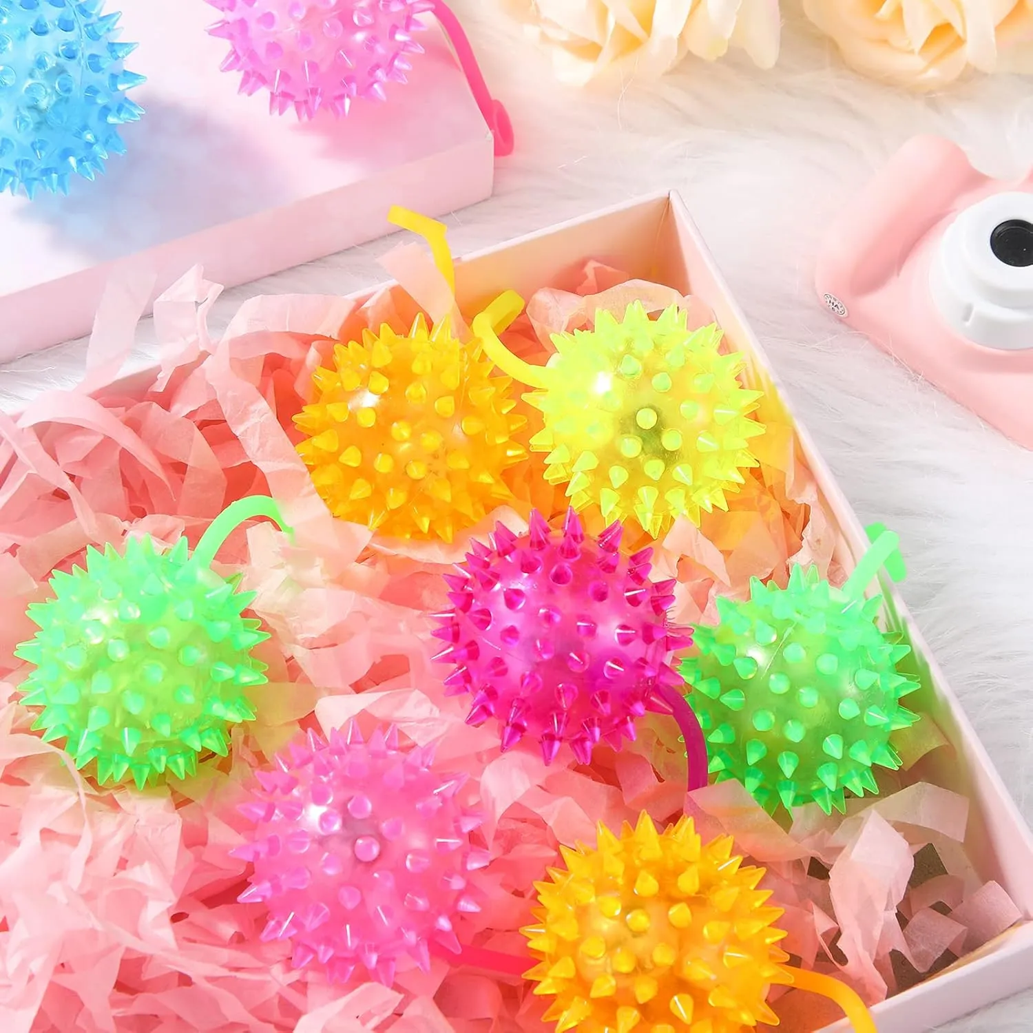 Sotiff 18 Pcs Light up Ball Spiky LED Bouncy Ball Flashing Squeaky Multicolor Puffer Toy Rubber Sensory Toy Carnival Prizes Bulk Party Favors for Teens, Adults, Children