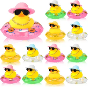 Sotiff Mini Rubber Ducks Bulk for Kids Children Cute Yellow Duck Toy for Dashboard of Car Bathtub Ornaments with Sunglasses Swim Ring Mini Hat Necklace and for Baby Shower(12 Sets,Novelty)