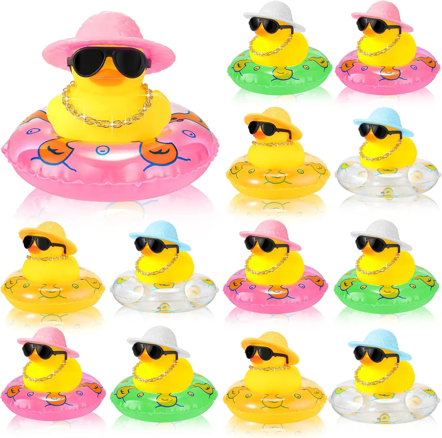 Sotiff Mini Rubber Ducks Bulk for Kids Children Cute Yellow Duck Toy for Dashboard of Car Bathtub Ornaments with Sunglasses Swim Ring Mini Hat Necklace and for Baby Shower(12 Sets,Novelty)