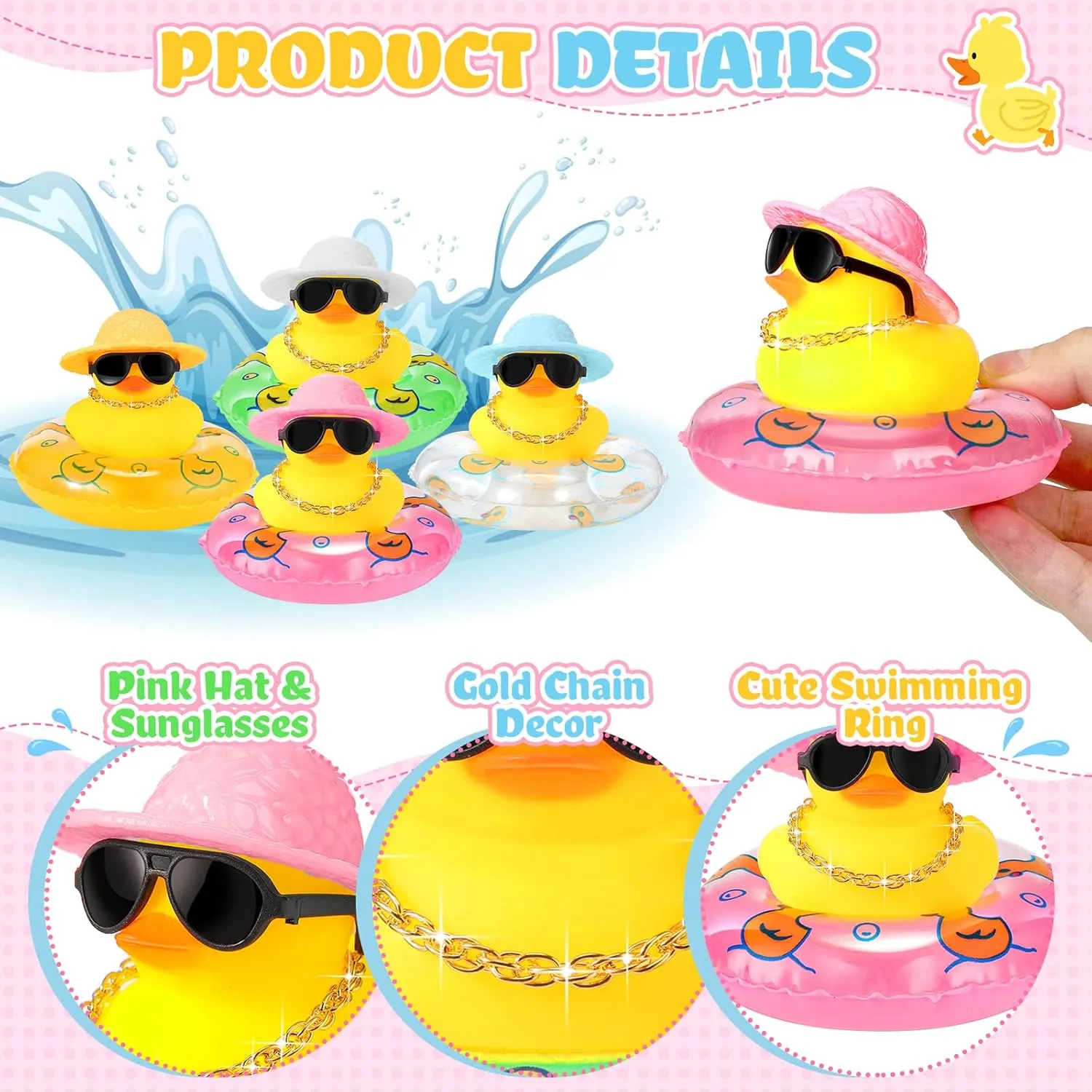 Sotiff Mini Rubber Ducks Bulk for Kids Children Cute Yellow Duck Toy for Dashboard of Car Bathtub Ornaments with Sunglasses Swim Ring Mini Hat Necklace and for Baby Shower(12 Sets,Novelty)