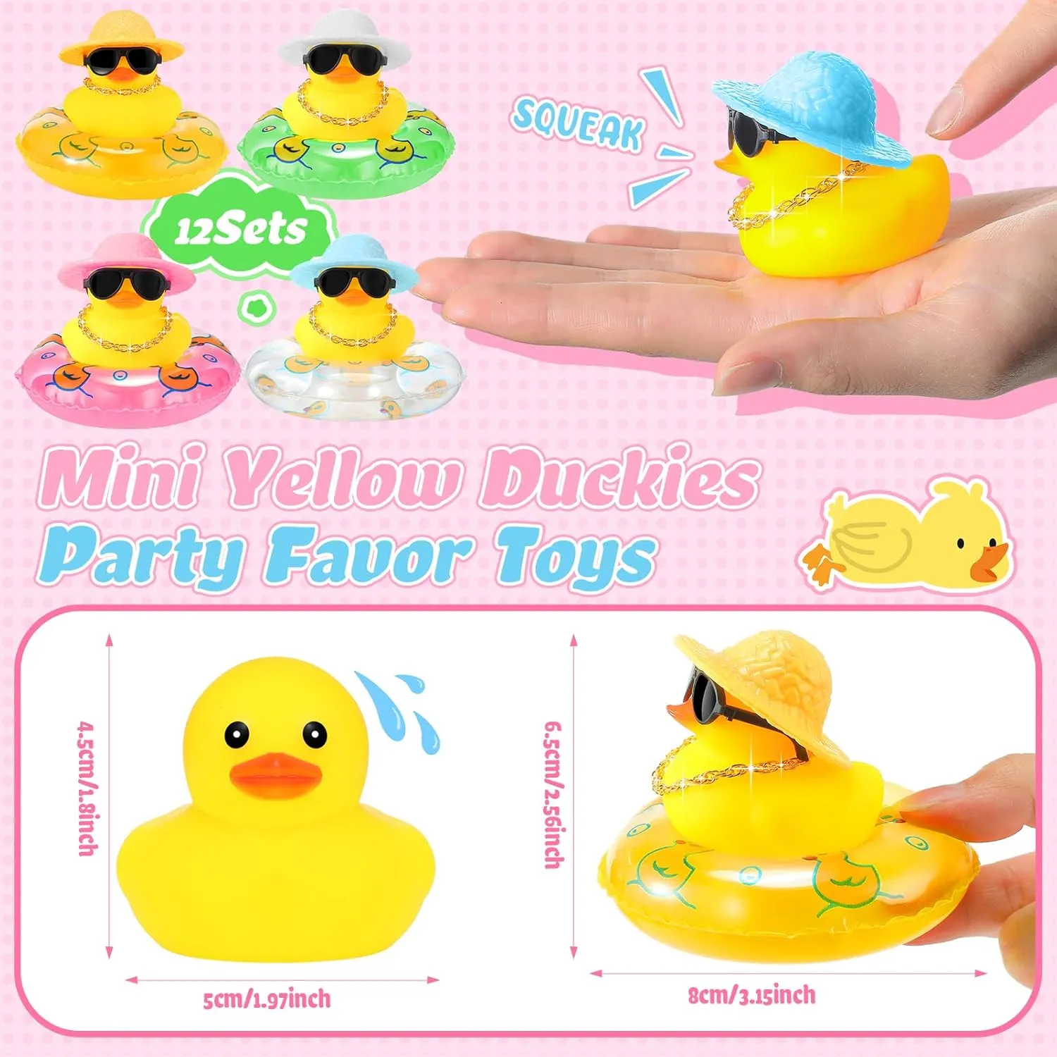 Sotiff Mini Rubber Ducks Bulk for Kids Children Cute Yellow Duck Toy for Dashboard of Car Bathtub Ornaments with Sunglasses Swim Ring Mini Hat Necklace and for Baby Shower(12 Sets,Novelty)