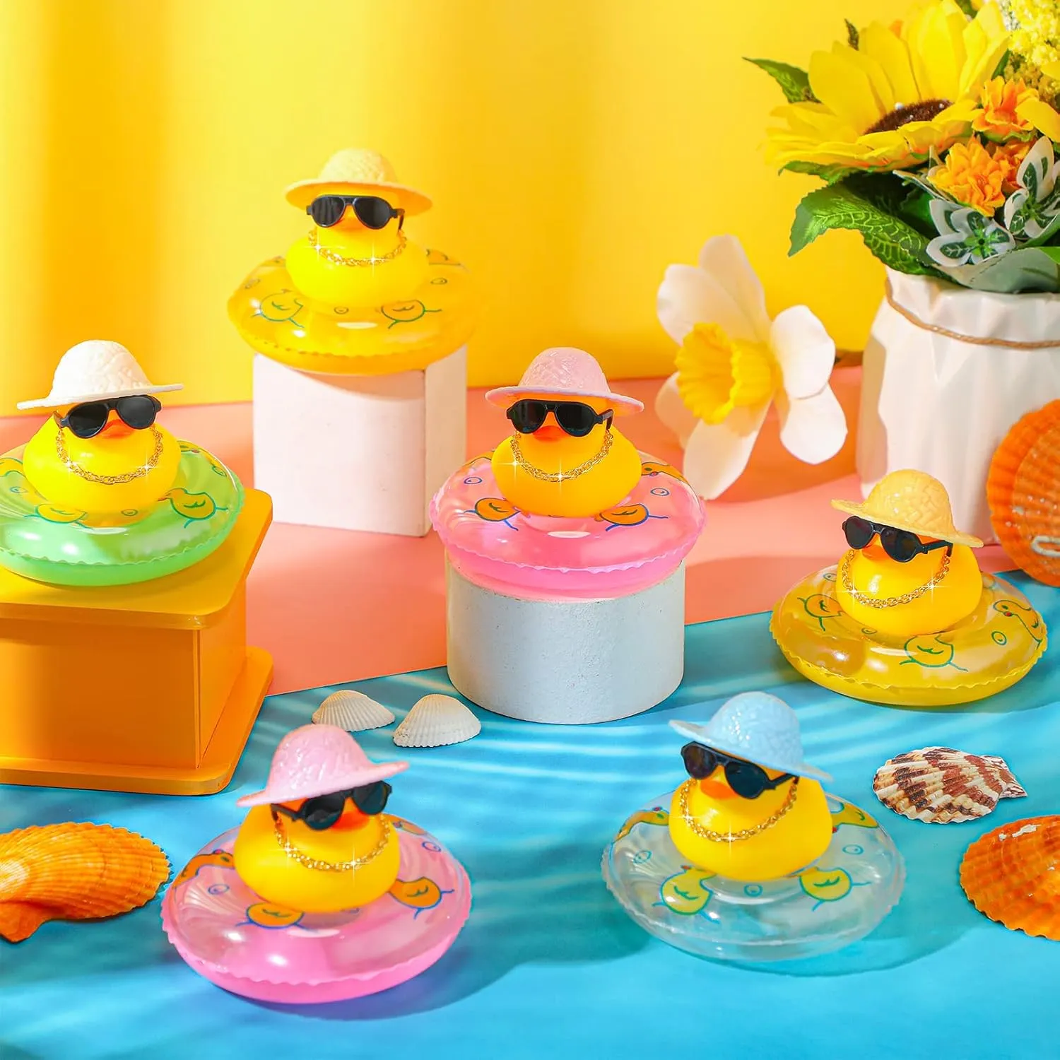 Sotiff Mini Rubber Ducks Bulk for Kids Children Cute Yellow Duck Toy for Dashboard of Car Bathtub Ornaments with Sunglasses Swim Ring Mini Hat Necklace and for Baby Shower(12 Sets,Novelty)