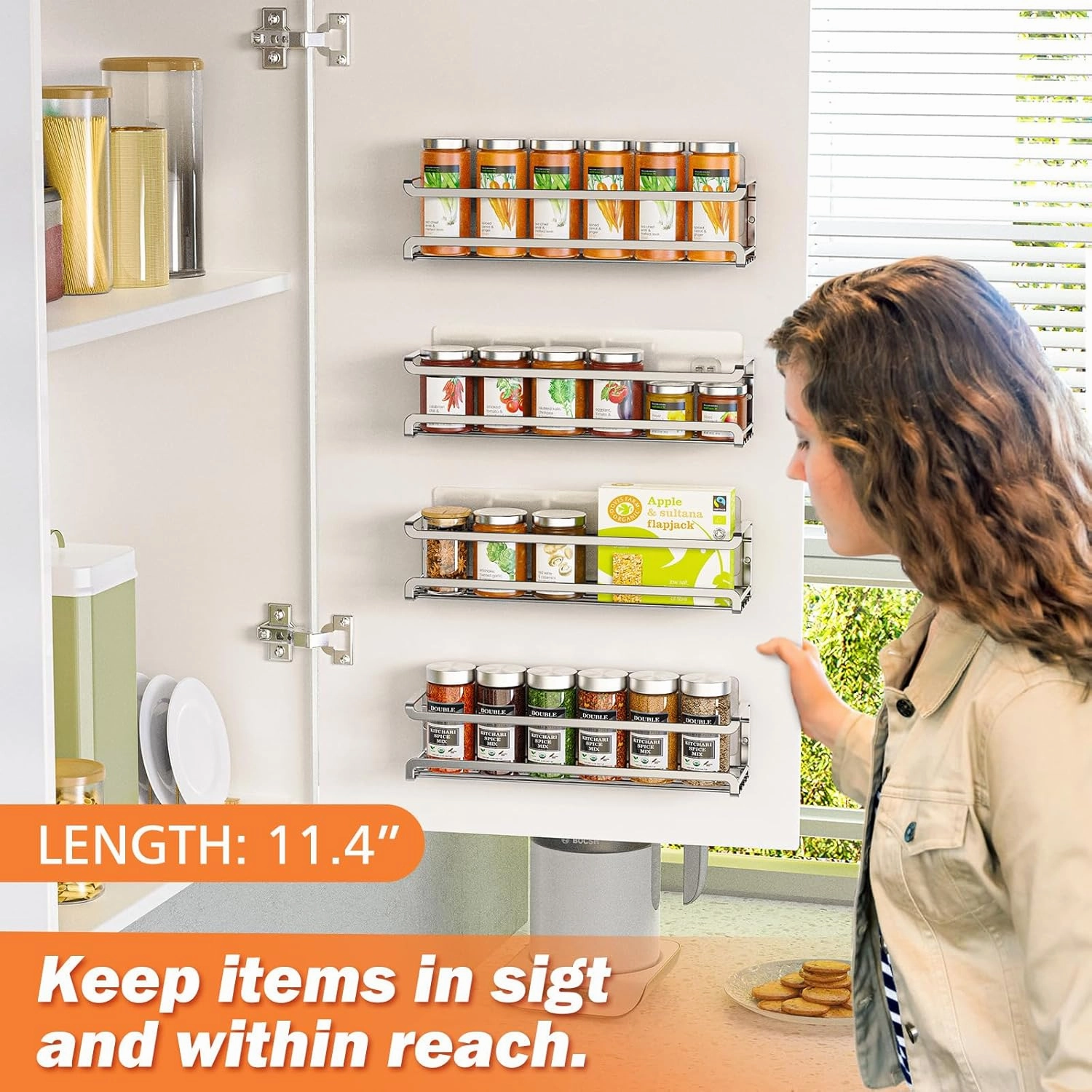 Spice Rack wall mounted 4 Pack, Space-Saving Spice Organizer for Spice Jars and Seasonings,Screw or Adhesive Hanging Spice Rack Organizer for Your Kitchen Cabinet,or Pantry Door,Chrome