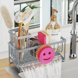 Sponge Holder for Kitchen Sink,Smiley Face Sink Caddy with Removable Brush Holder,Self-Draining Sponge Caddy for Sponge,Soap,Dish Brush,Scrubber,Kitchen Essentials and Gadgets-Gray