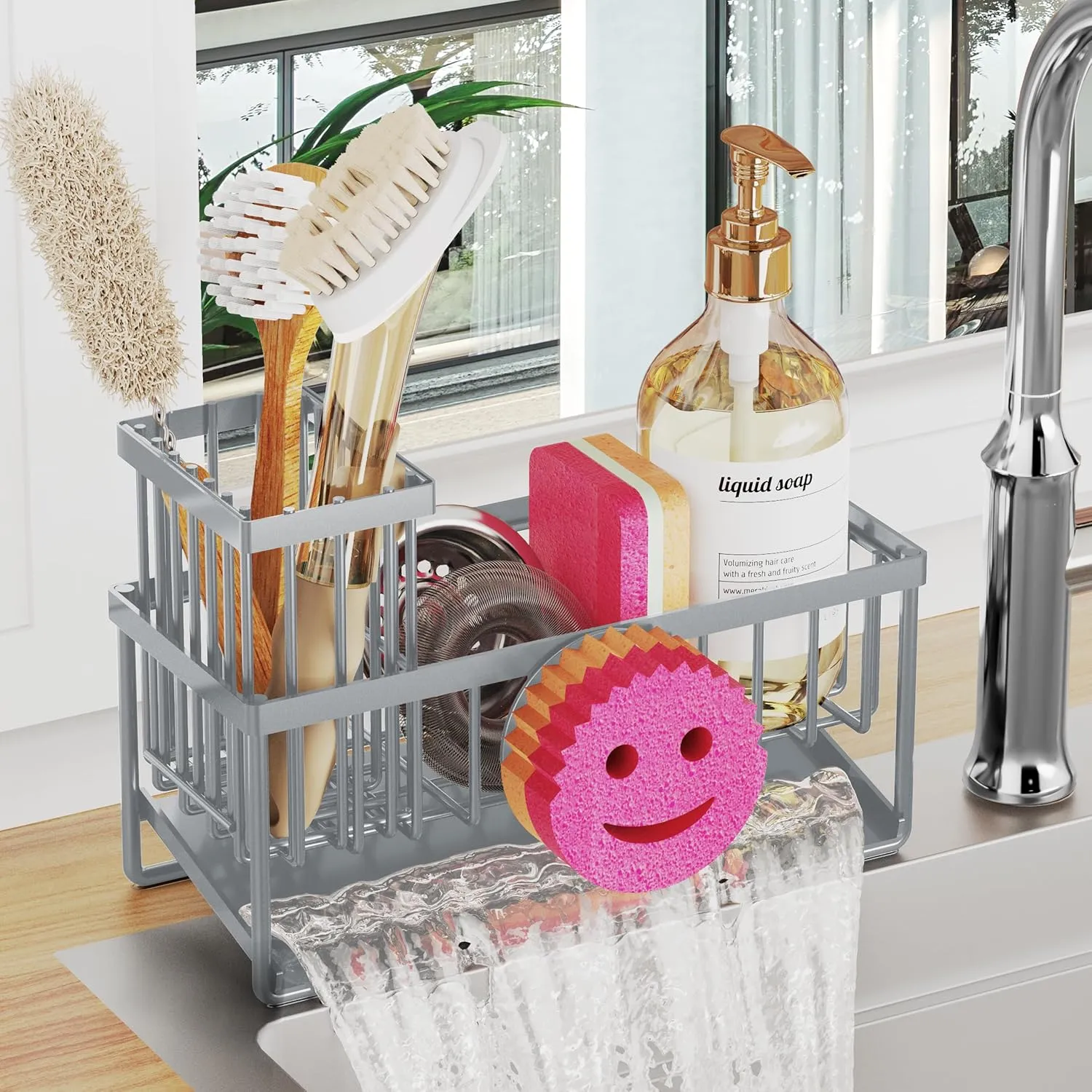 Sponge Holder for Kitchen Sink,Smiley Face Sink Caddy with Removable Brush Holder,Self-Draining Sponge Caddy for Sponge,Soap,Dish Brush,Scrubber,Kitchen Essentials and Gadgets-Gray