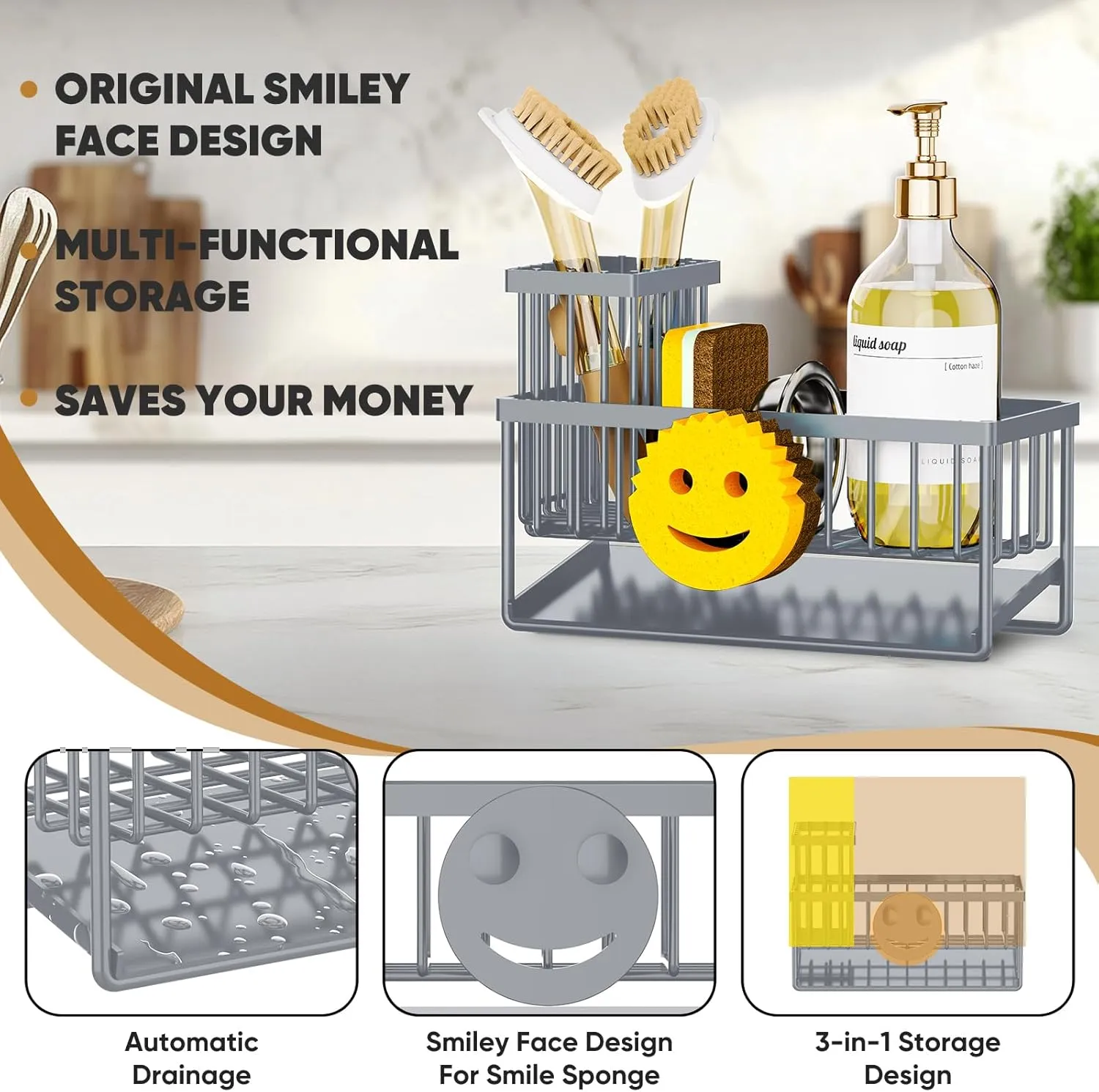 Sponge Holder for Kitchen Sink,Smiley Face Sink Caddy with Removable Brush Holder,Self-Draining Sponge Caddy for Sponge,Soap,Dish Brush,Scrubber,Kitchen Essentials and Gadgets-Gray