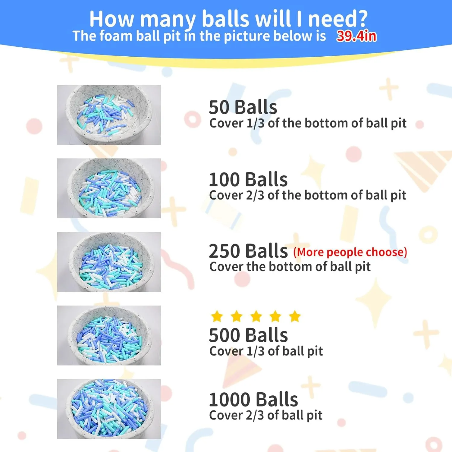 STARBOLO Ball Pit Balls for Toddlers - Pack of 50 100 250 500 1000 Ball Pit Balls 5.12inches Long Shapes Crush Proof Plastic Balls for Toddlers Ball Pits,Play Tent, Baby Pool Indoor Outdooe