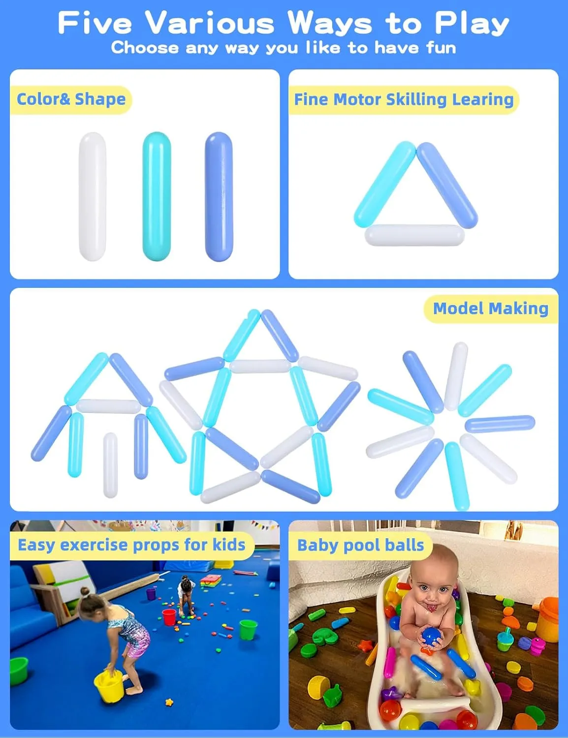 STARBOLO Ball Pit Balls for Toddlers - Pack of 50 100 250 500 1000 Ball Pit Balls 5.12inches Long Shapes Crush Proof Plastic Balls for Toddlers Ball Pits,Play Tent, Baby Pool Indoor Outdooe