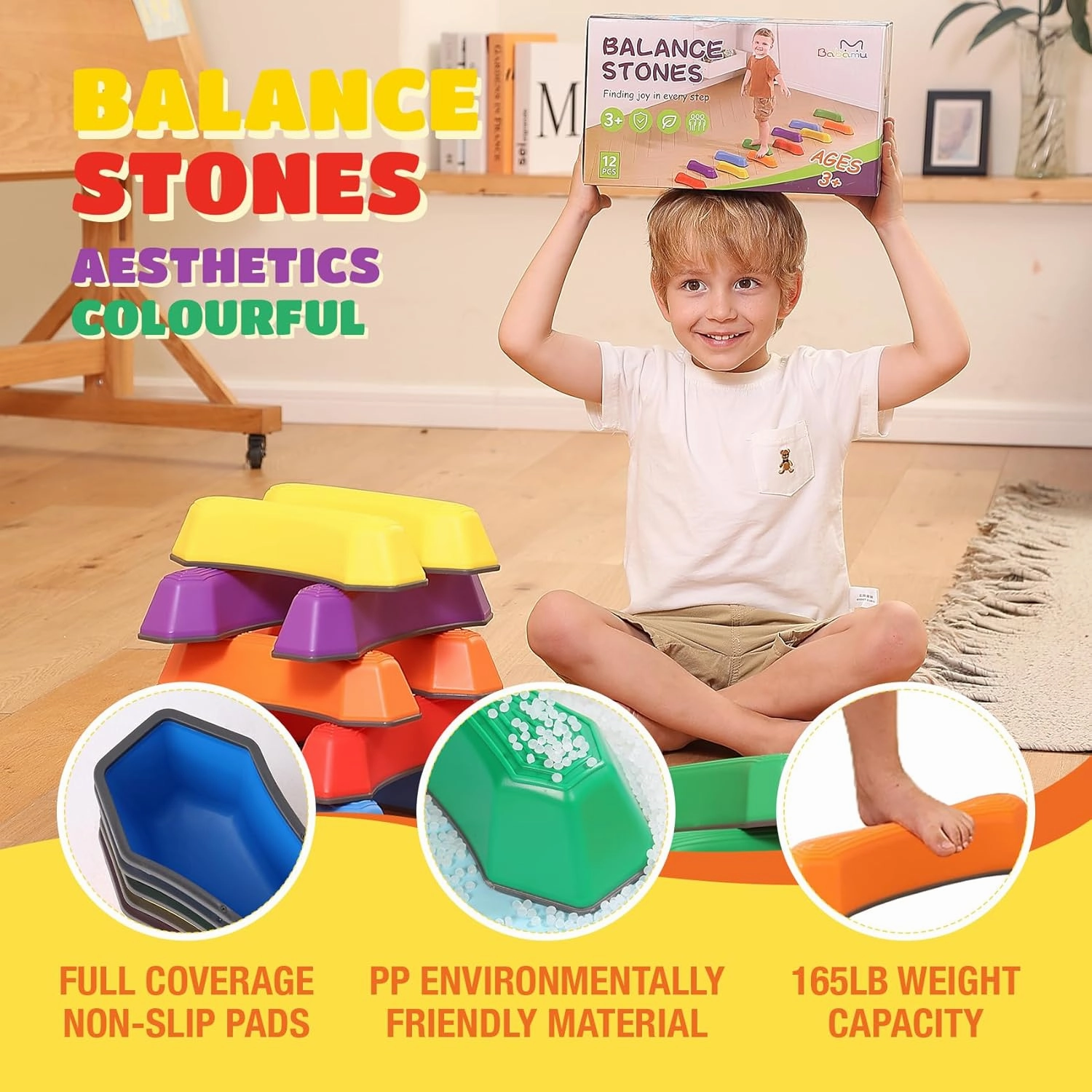 Stepping Stones for Kids Balance Beam Non-Slip Bottom Exercise Coordination and Stability Sensory Toys Toddler Outdoor Toys Kids Outdoor Play Equipment