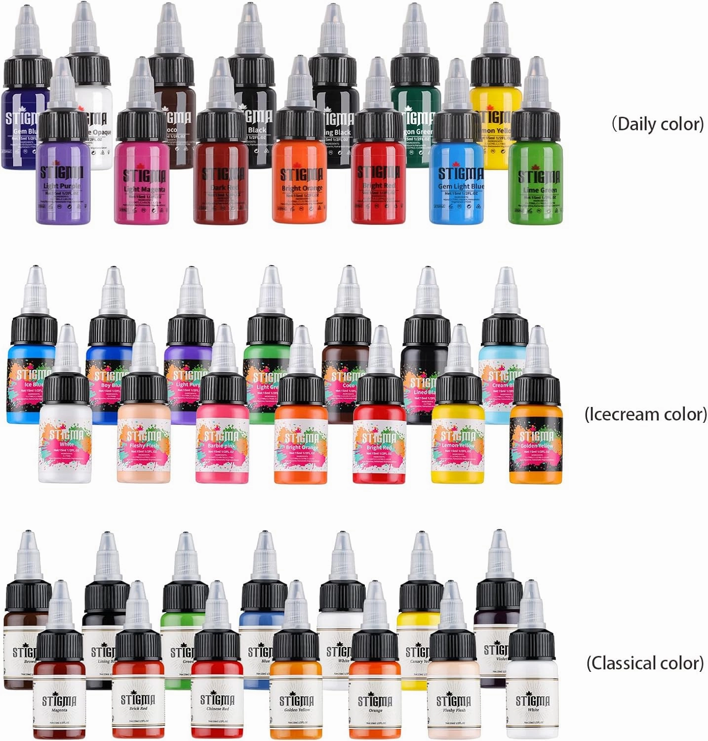 STIGMA Professional Tattoo Ink Color Set 14 Colors with 15 ml 1/2oz per Bottle Tattoo Ink Set for Tattoo Artist and Beginners Tattoo Supplies TI4003-15-14
