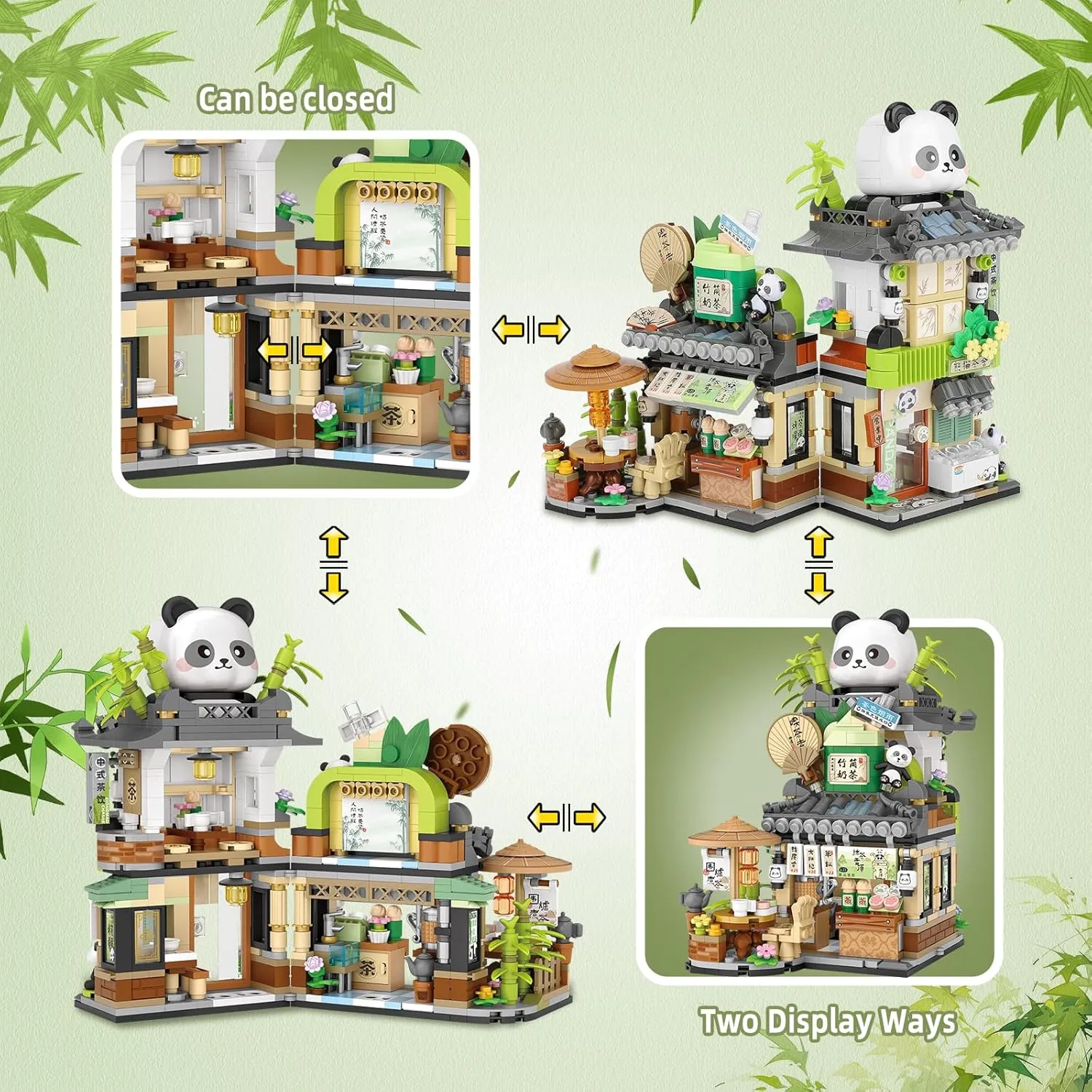 Street View Tea Shop Mini Building Blocks Set, Cute Panda Animals Building Toys Girls 6-12, Simulation Architecture Construction Toy, Birthday Gift for Kids Adults (860PCS)