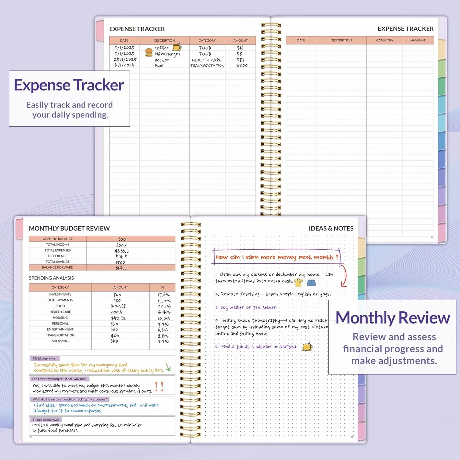 SUNEE Budget Planner - Monthly Budget Book with Expense Tracker Notebook, A4(8.5" x 11") Undated 12 Month Bill Organizer & Finance Planner to Manage Your Money, Account Book with Colorful Tab, Purple