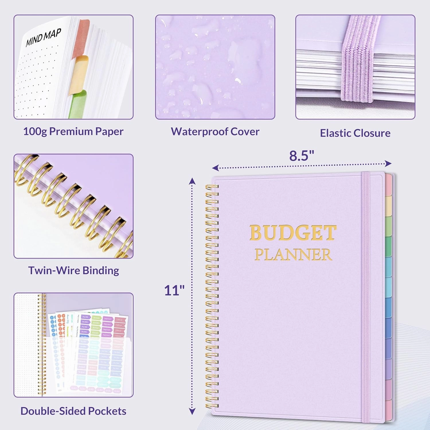 SUNEE Budget Planner - Monthly Budget Book with Expense Tracker Notebook, A4(8.5" x 11") Undated 12 Month Bill Organizer & Finance Planner to Manage Your Money, Account Book with Colorful Tab, Purple