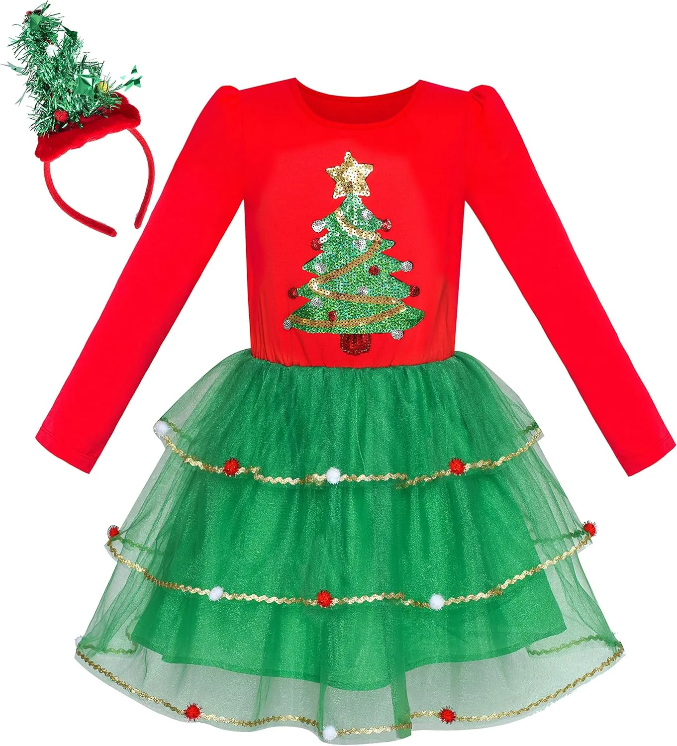 Sunny Fashion Girls Dress Reindeer Headband Santa Christmas Long Sleeve Party Dress