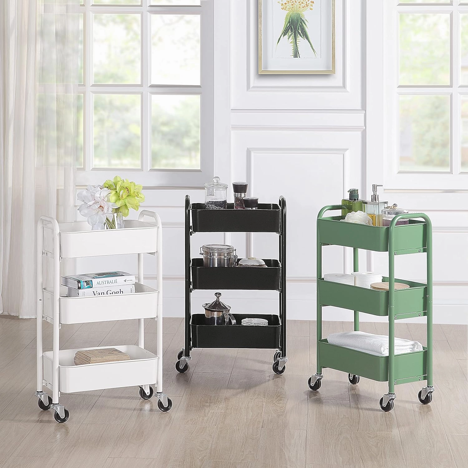SunnyPoint 3-Tier Delicate Compact Rolling Metal Storage Organizer - Mobile Utility Cart Kitchen/Under Desk Cart with Caster Wheels - Turq (15.35" X 10.24" X 26.8"H)