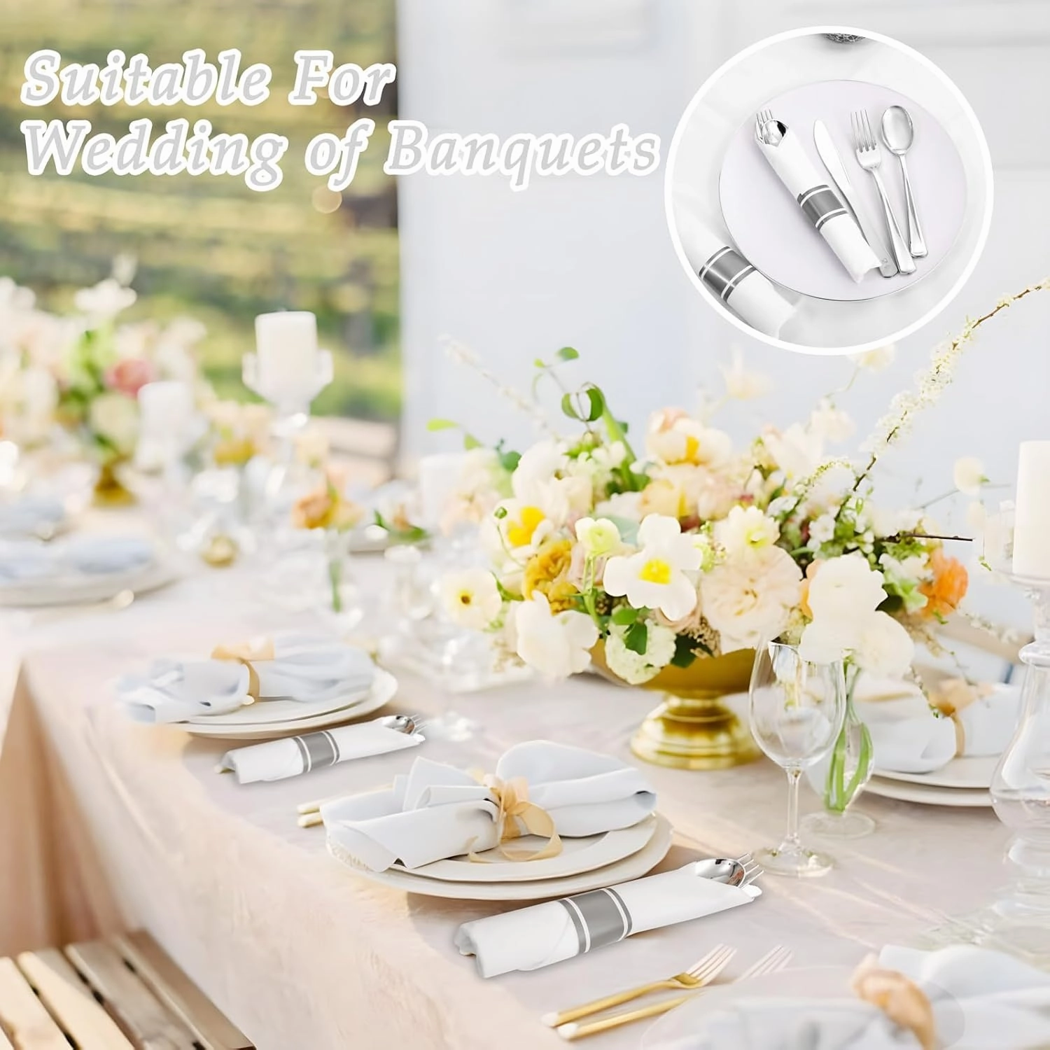 Supernal Silver Plastic Silverware,Rolled Plastic Silverware,Pre Rolled Napkins with Plastic Cutlery Set,Wrapped Plastic Cutlery Set with Napkin,Silverware Set Disposable Dinnerware Set 120 Guests