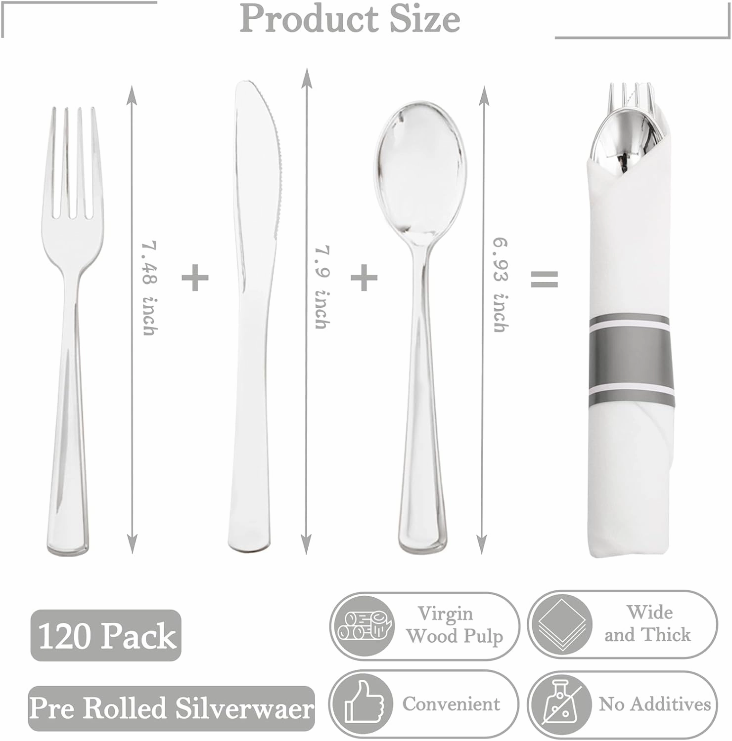 Supernal Silver Plastic Silverware,Rolled Plastic Silverware,Pre Rolled Napkins with Plastic Cutlery Set,Wrapped Plastic Cutlery Set with Napkin,Silverware Set Disposable Dinnerware Set 120 Guests