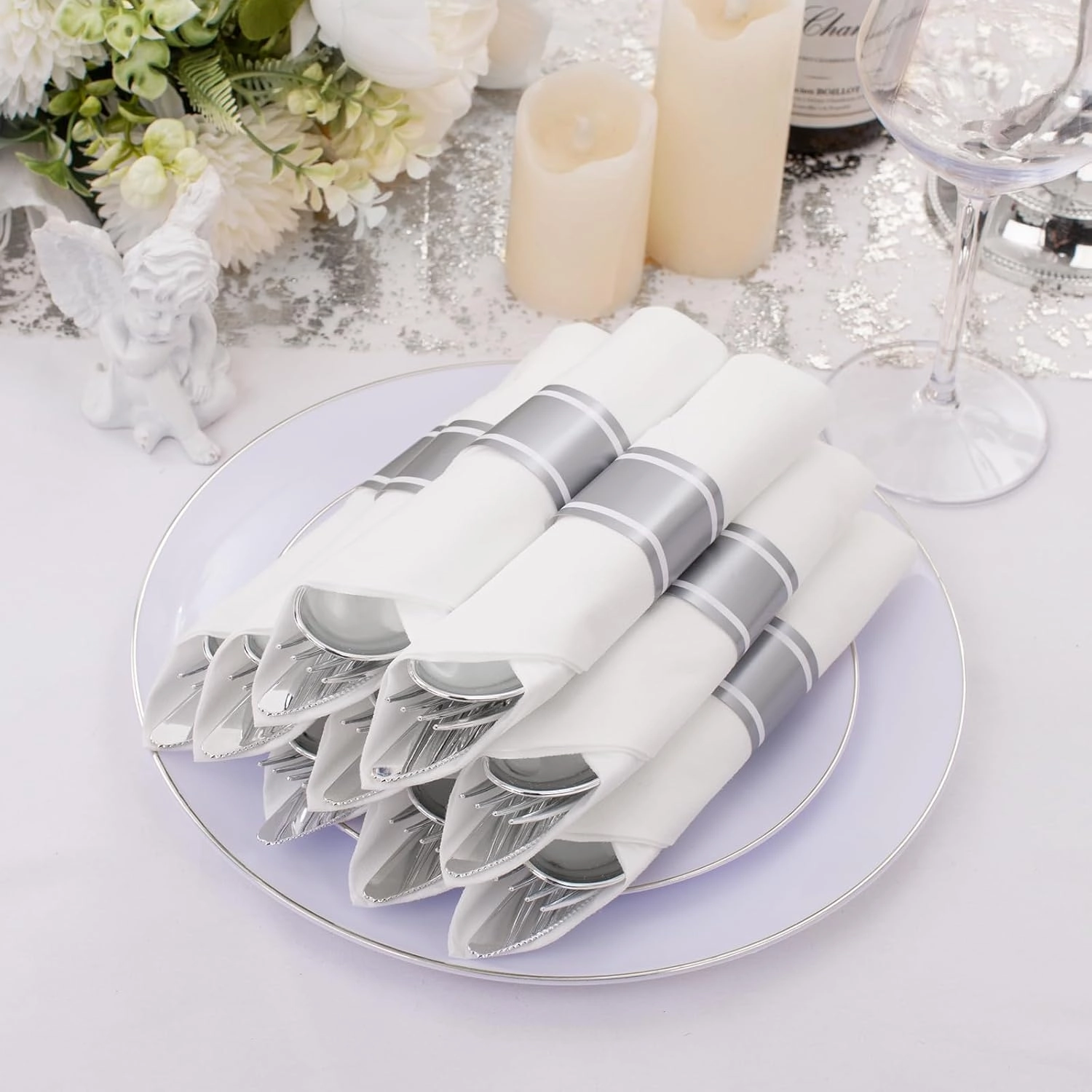 Supernal Silver Plastic Silverware,Rolled Plastic Silverware,Pre Rolled Napkins with Plastic Cutlery Set,Wrapped Plastic Cutlery Set with Napkin,Silverware Set Disposable Dinnerware Set 120 Guests