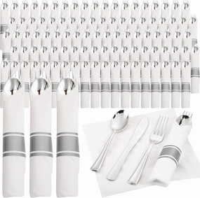Supernal Silver Plastic Silverware,Rolled Plastic Silverware,Pre Rolled Napkins with Plastic Cutlery Set,Wrapped Plastic Cutlery Set with Napkin,Silverware Set Disposable Dinnerware Set 120 Guests