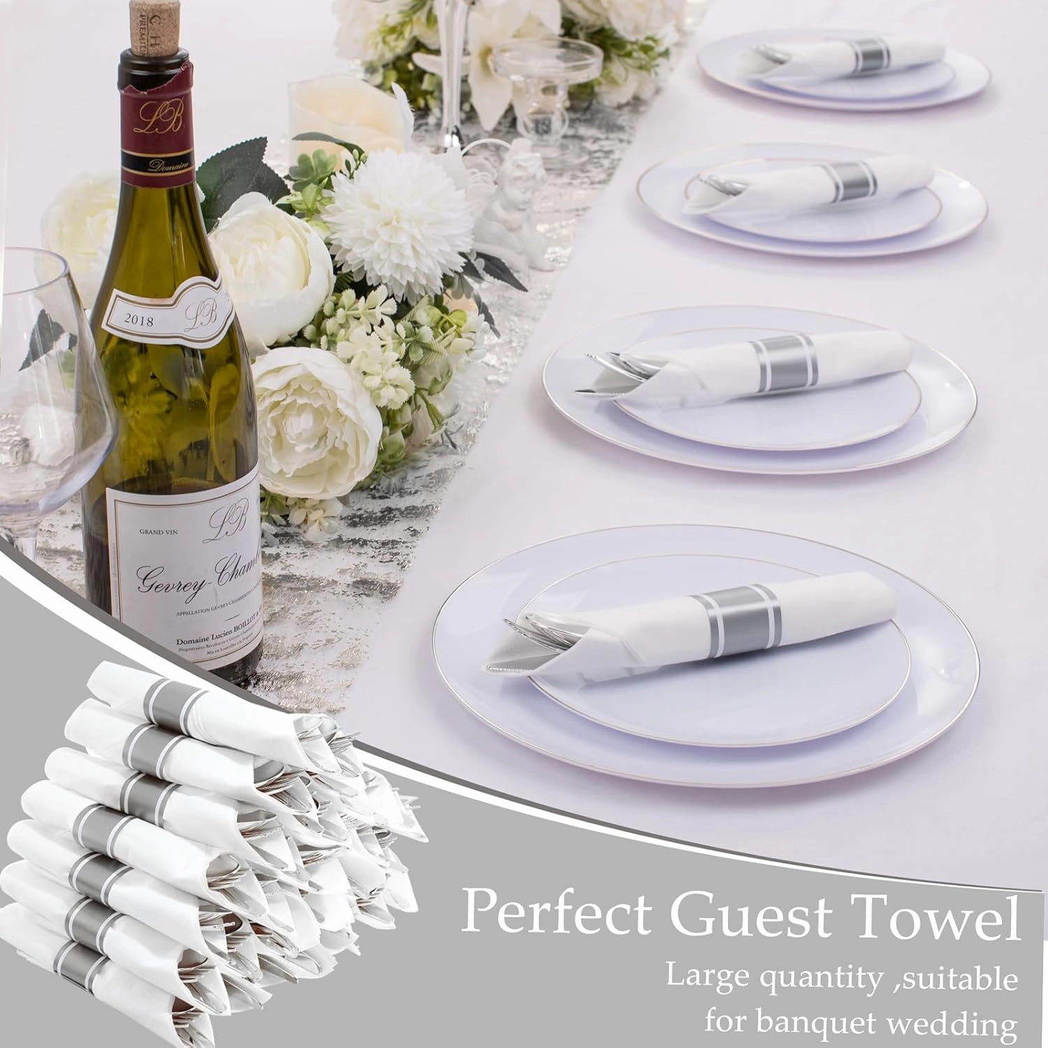 Supernal Silver Plastic Silverware,Rolled Plastic Silverware,Pre Rolled Napkins with Plastic Cutlery Set,Wrapped Plastic Cutlery Set with Napkin,Silverware Set Disposable Dinnerware Set 120 Guests
