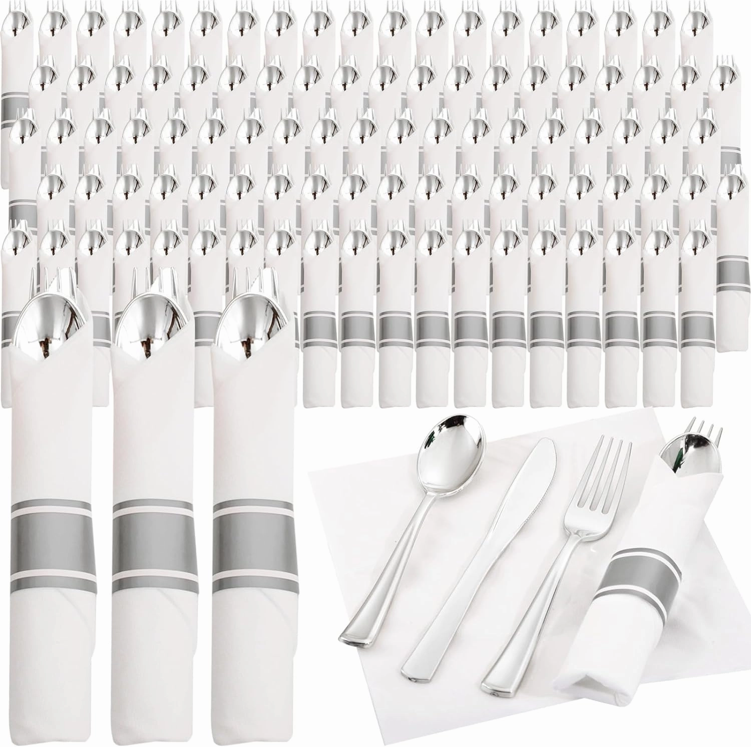 Supernal Silver Plastic Silverware,Rolled Plastic Silverware,Pre Rolled Napkins with Plastic Cutlery Set,Wrapped Plastic Cutlery Set with Napkin,Silverware Set Disposable Dinnerware Set 120 Guests