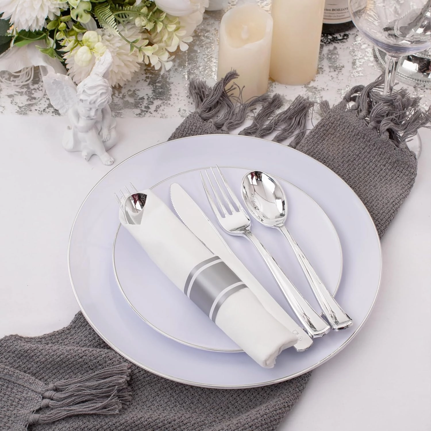Supernal Silver Plastic Silverware,Rolled Plastic Silverware,Pre Rolled Napkins with Plastic Cutlery Set,Wrapped Plastic Cutlery Set with Napkin,Silverware Set Disposable Dinnerware Set 120 Guests