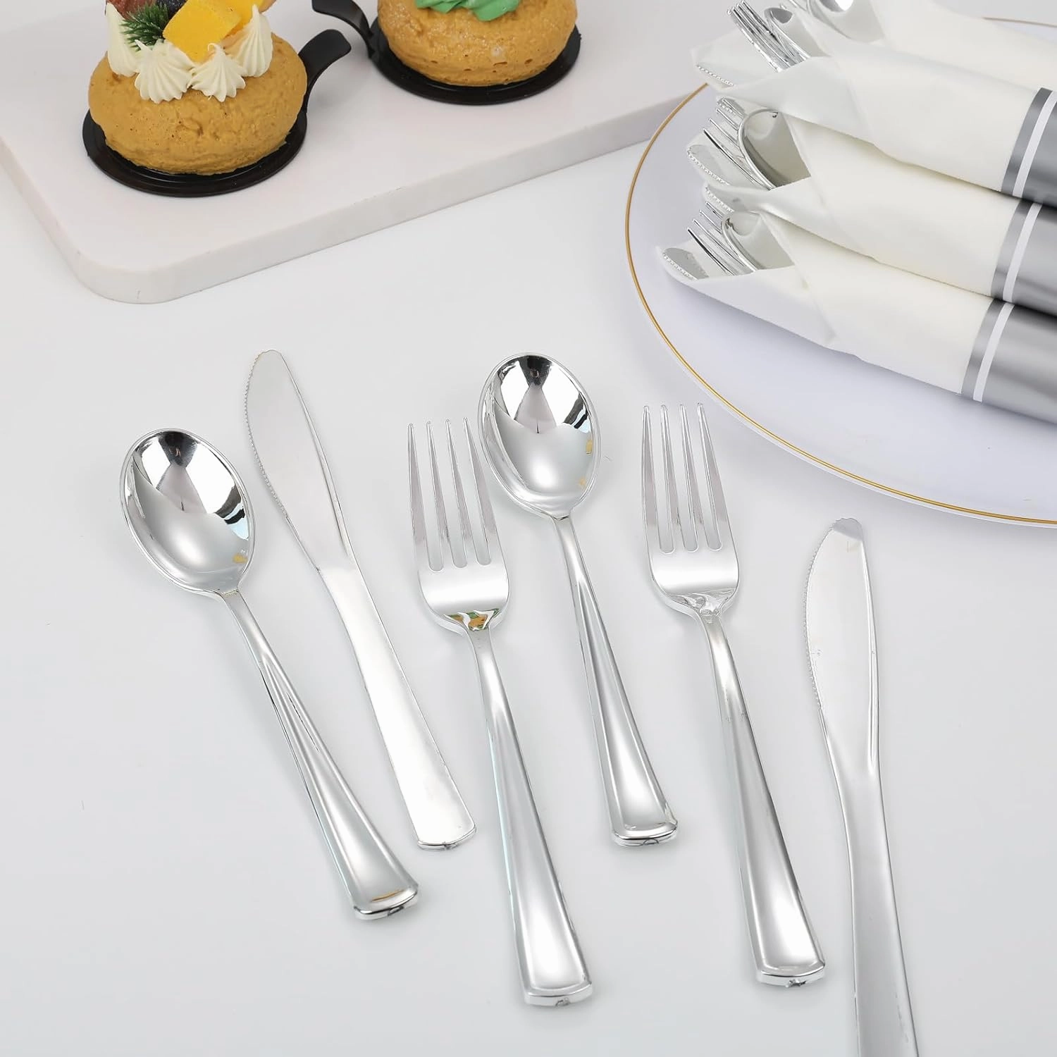 Supernal Silver Plastic Silverware,Rolled Plastic Silverware,Pre Rolled Napkins with Plastic Cutlery Set,Wrapped Plastic Cutlery Set with Napkin,Silverware Set Disposable Dinnerware Set 120 Guests