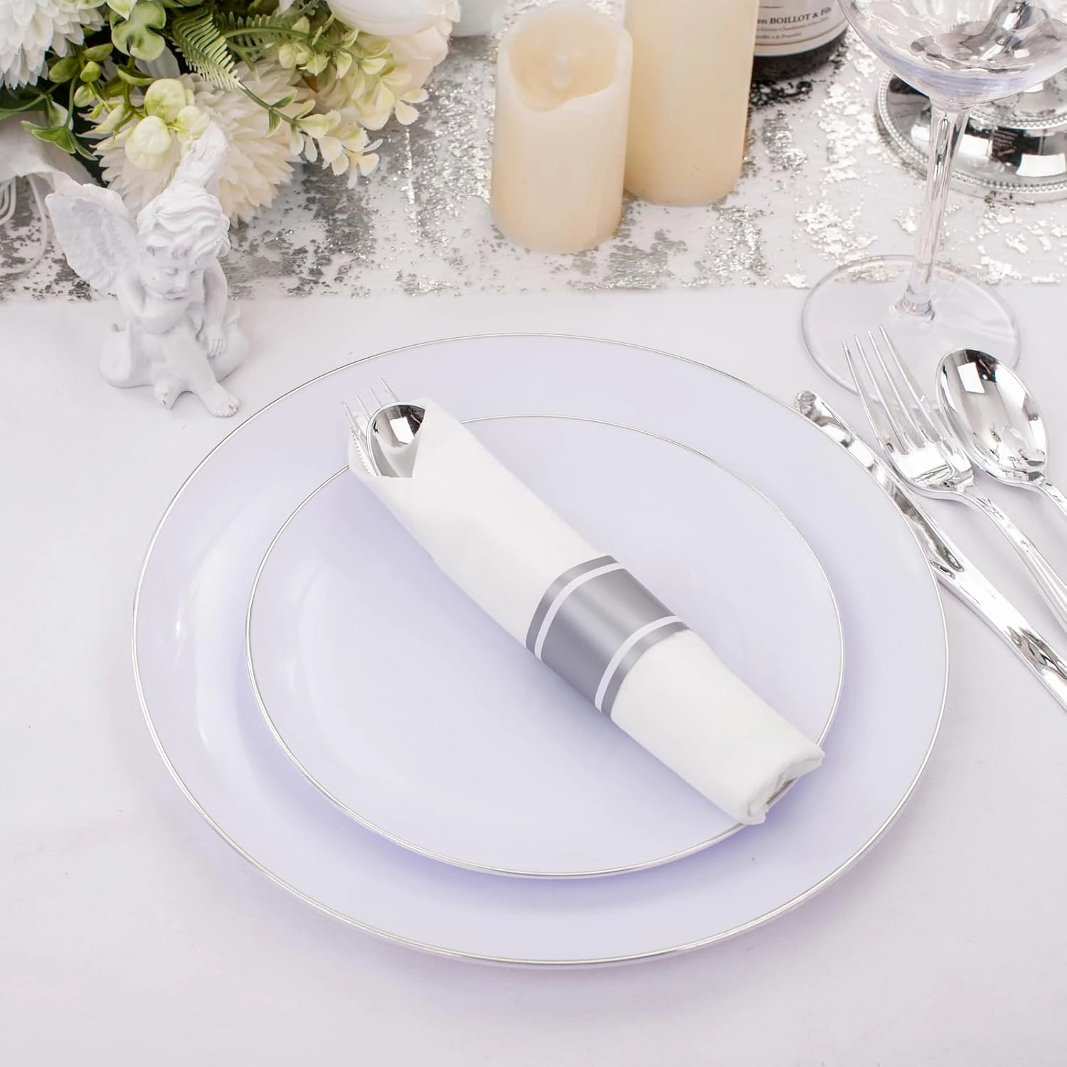 Supernal Silver Plastic Silverware,Rolled Plastic Silverware,Pre Rolled Napkins with Plastic Cutlery Set,Wrapped Plastic Cutlery Set with Napkin,Silverware Set Disposable Dinnerware Set 120 Guests