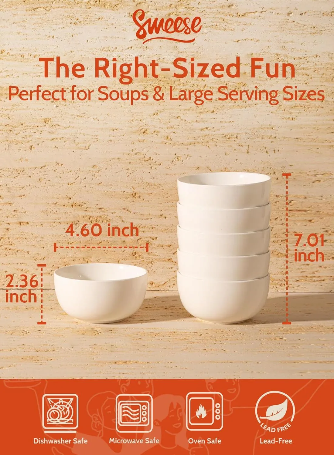 Sweese Ice Cream Bowls - 10 Oz Cereal Bowls Set of 6, Portion Control Bowls for Dessert Rice Soup Pasta Salad Oatmeal, Dishwasher & Microwave Safe, White