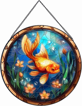Swimming Goldfish Pattern Suncatcher Stained Glass,Hanging Stained Glass for Windows,20cm/7.87inch Sun Catcher Garden Hangings Ornaments Halloween Fall Christmas Decor for Home