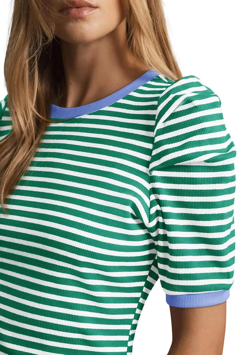 Tankaneo Womens Short Puff Sleeve Tops Trendy Striped Color Block T Shirts Crewneck Casual Shirts